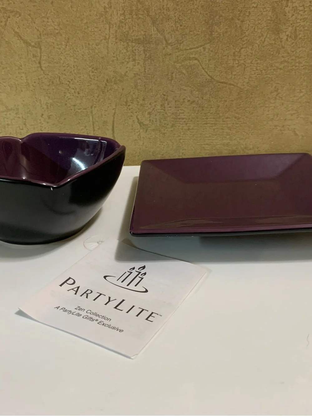 PartyLite Purple Ceramic Bowl & Matching Plate Candle Holder P8082 NEW in Box